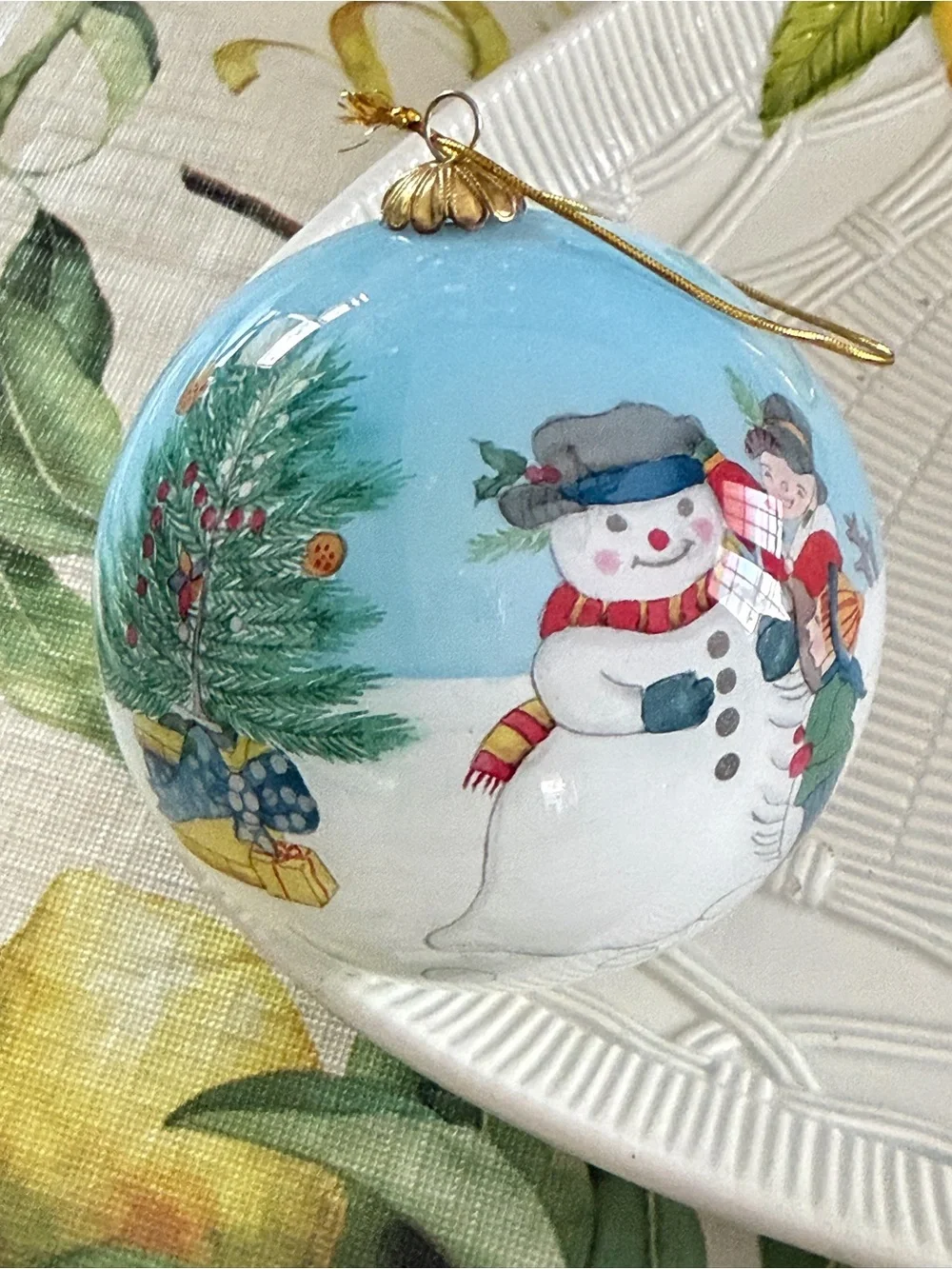 Pier one li bein had painted Holiday Snowman Glass Ornament - Light Blue